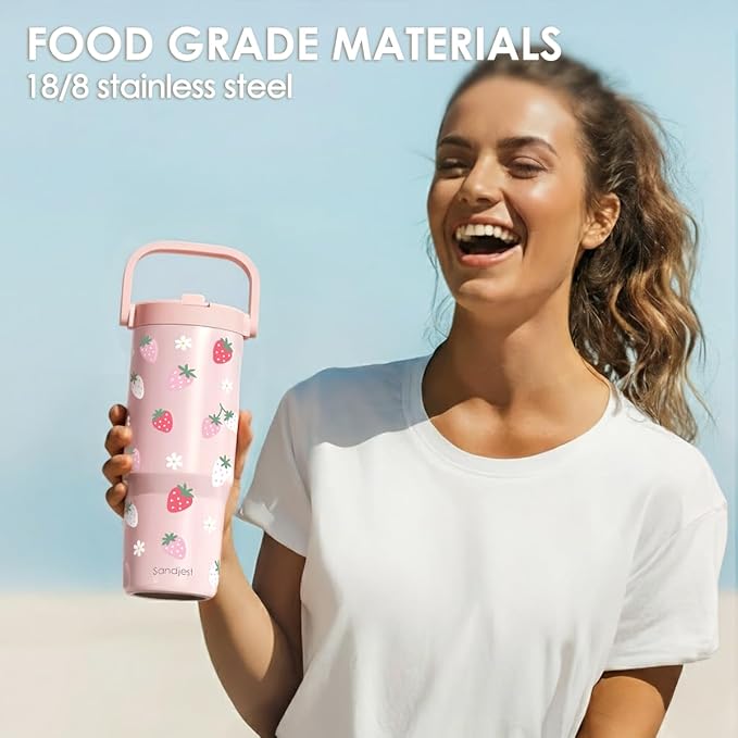 SANDJEST Strawberry Stainless Steel Straw Lid Tumbler 30oz with Carry Handle for Women Girls, Insulated Travel Coffee Cup, Gift for Sports Workout Christmas Birthday - Bloomnest