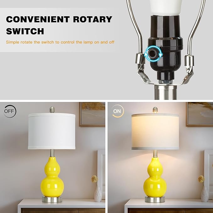Double Gourd Ceramic Table Lamps Set of 2, Modern Yellow Bedside Lamps for Night Stand, Contemporary Nightstand Lamps for Bedroom Living Room (Bulb Included) - Bloomnest