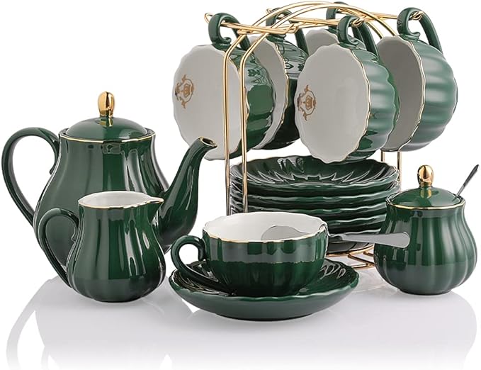 Sweejar Porcelain Tea Sets British Royal Series, 8 OZ Cups& Saucer Service for 6, with Teapot Sugar Bowl Cream Pitcher Teaspoons and Tea Strainer, Suitable for High Tea, Wedding, Party (Jade) - Bloomnest