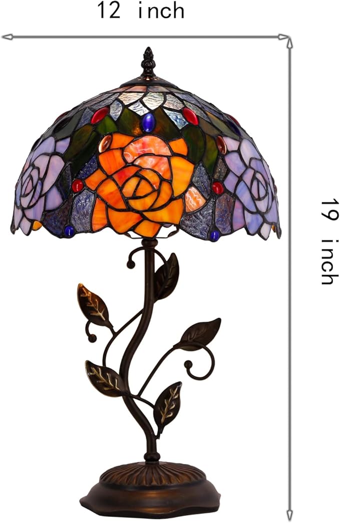 Tiffany Lamp Orange Red Rose Flower Stained Glass Table Lamp Desk Bedside Reading Light 12X12X19 Inches with Metal Leaf Base Decor Bedroom Living Room - Bloomnest