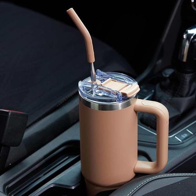 30 oz Tumbler with Handle, Tumbler with Lid and Straw, Double Wall Vacuum Insulated Travel Mug Stainless Steel Tumbler for Hot and Cold, Cupholder Friendly (Mocha) - Bloomnest