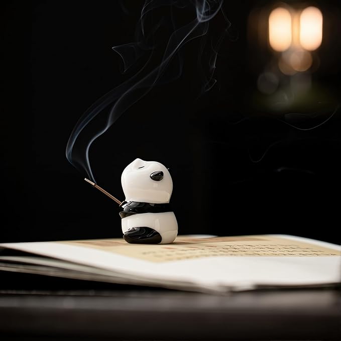 Handmade Ceramic Panda Incense Holder | Extra-Long Bamboo Mat & Sandalwood Sticks | Zen Home Decor | Yoga & Meditation Essentials (Panda) - Bloomnest