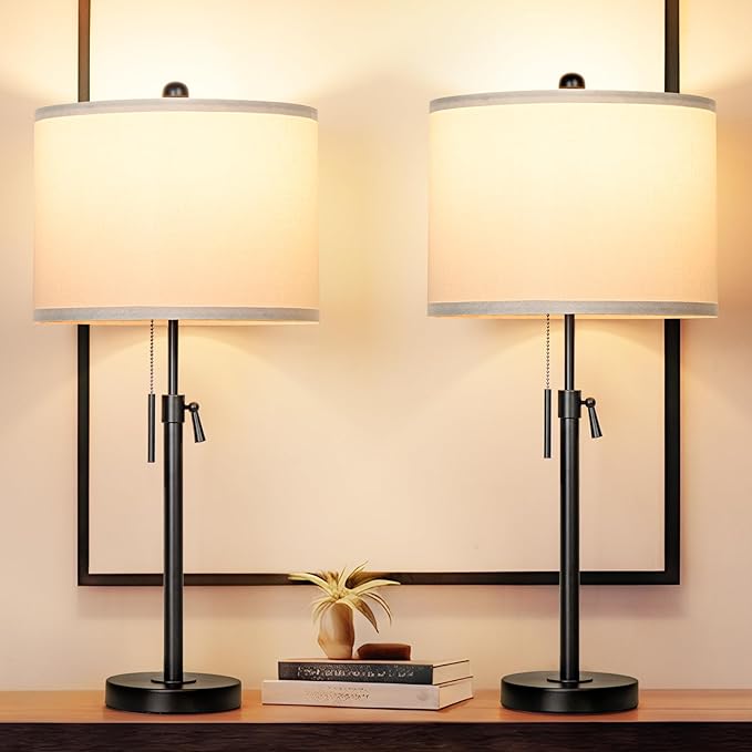 Black Table Lamps for Bedrooms Set of 2: 22" to 30" Height Adjustable Nightstand Lamps with White Linen Shade | Pull Chain Switch | Metal Base 丨3 Color Temperatures Included Beside Lamp (Black) - Bloomnest