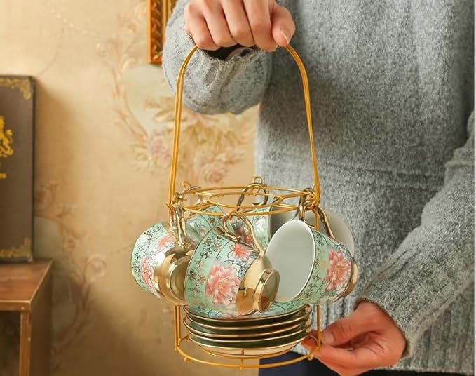 20 Pcs Porcelain Tea Set with Metal Holder, Adult Tea Set Gift, European Ceramic Tea Set for Adults, Flower Tea Cup Saucer Set for Party With Gold Flower Painting (Fresh Green) - Bloomnest