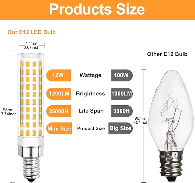 E12 LED Bulbs Dimmable 100W 120V C7 Equivalent Energy Saving LED Chandelier Light Bulbs, 12W 1200LM Warm White 3000K T6 LED Light Bulbs for Ceiling Fan Pendant Lighting Salt Lamp, Pack of 4 - Bloomnest