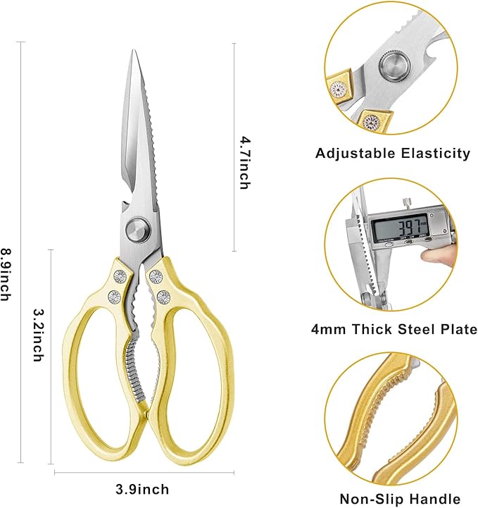 AWinjoy Kitchen Scissors, Heavy Duty Sharp Shears Dishwasher Safe, Kitchen Accessories Cooking Shears for Meat Chicken Fish Poultry Herb Bread (gold) - Bloomnest