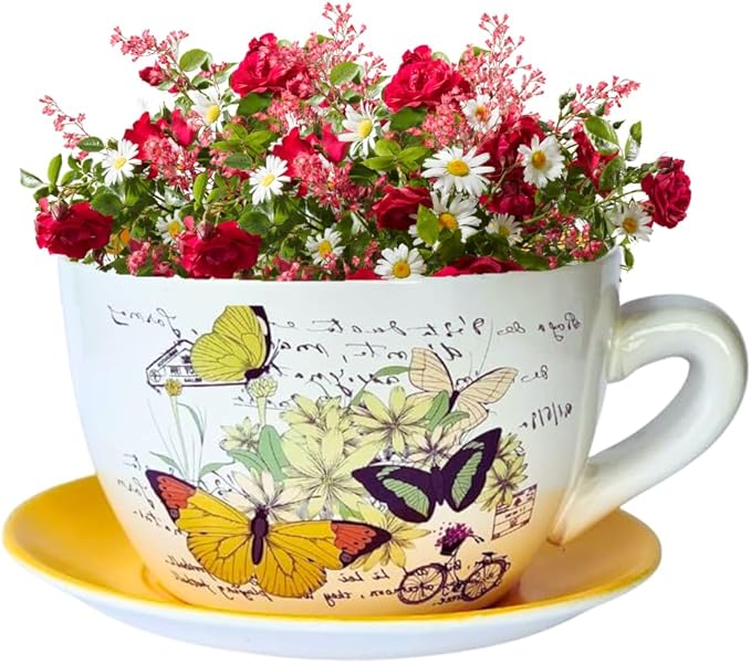 7.5” Round Ceramic Teacup Shape Planter Pot with Saucer for Succulents Orchid Herbs Cactus Indoor Houseplants Flowers for Home Garden and Event Decor Yellow Butterfly Garden - Bloomnest