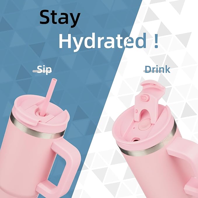 40 oz Tumbler with Handle and 2 Straws,2 in 1 Lid Insulated Water Bottle Stainless Steel Travel Coffee Mug,Pink - Bloomnest