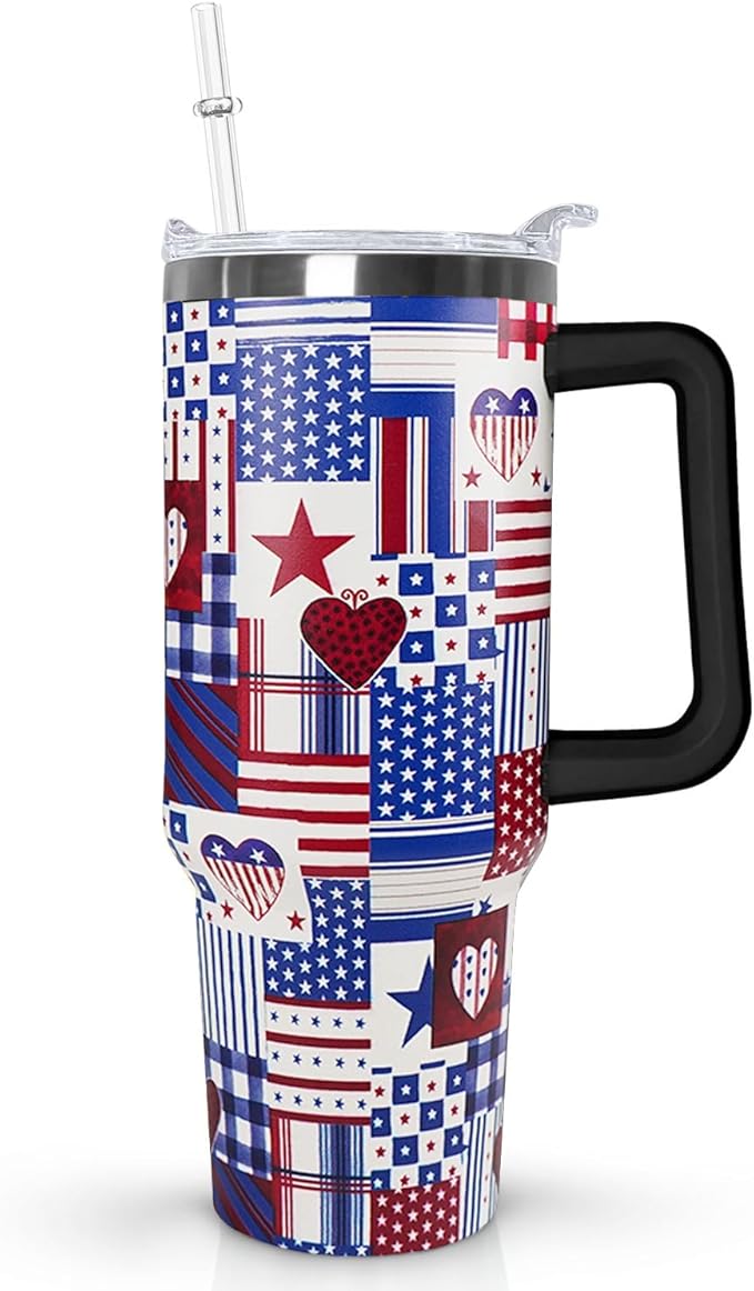 Ceovfoi 4th of July tumbler American Flag Gifts -40 oz Patriotic Vacuum Insulated Stainless Steel Travel Tumblers with Handle Lid and Straw,Patriotic Military Gifts For Veterans, Police, Fathers Day - Bloomnest