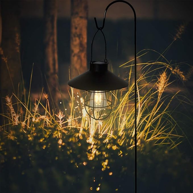 pearlstar Solar Lantern Outdoor Hanging Light Metal Solar Lamp with Warm White Edison Bulb Design for Garden Yard Patio Proch Decor(Black) - Bloomnest