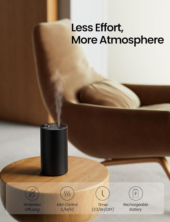 Waterless Essential Oil Diffuser, Rechargeable Scent Diffusers with 3 Mist Levels & Timers, Portable Aromatherapy Diffuser for Home Car Room Studio Office, Black Metal - Bloomnest