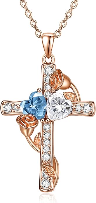 Rose Gold Dual Birthstones Cross Necklace for Women Rose Flower Jewelry Anniversary Christmas Mother's Valentine's Day Birthday Gift for Wife Girlfriend Mom - Bloomnest