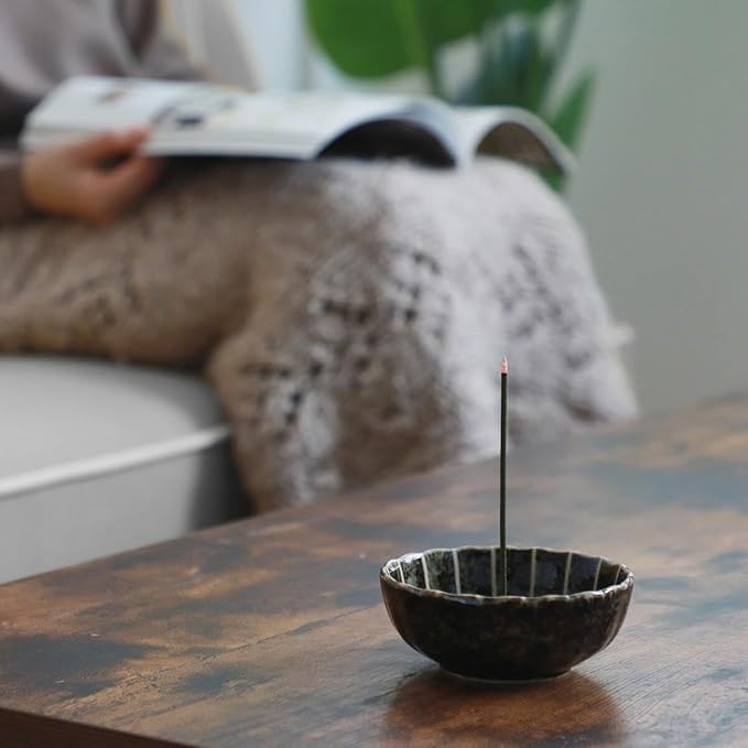 Asayu Japan Lotus Incense Holder for Sticks 4.1 inch (105mm), Traditional Made in Japan Ceramic Ash Catcher and Brass Incense Burner Set - Green Lotus - Bloomnest