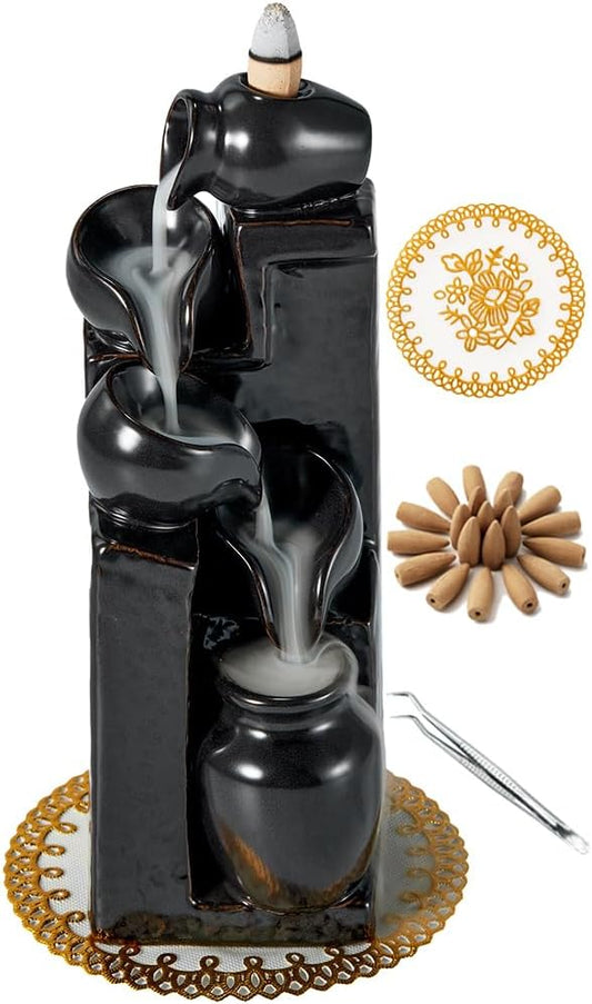 Unique Cascading Basins Ceramic Waterfall Incense Holder, Paired with a Pack of Backflow Incense Cones. (Black) - Bloomnest