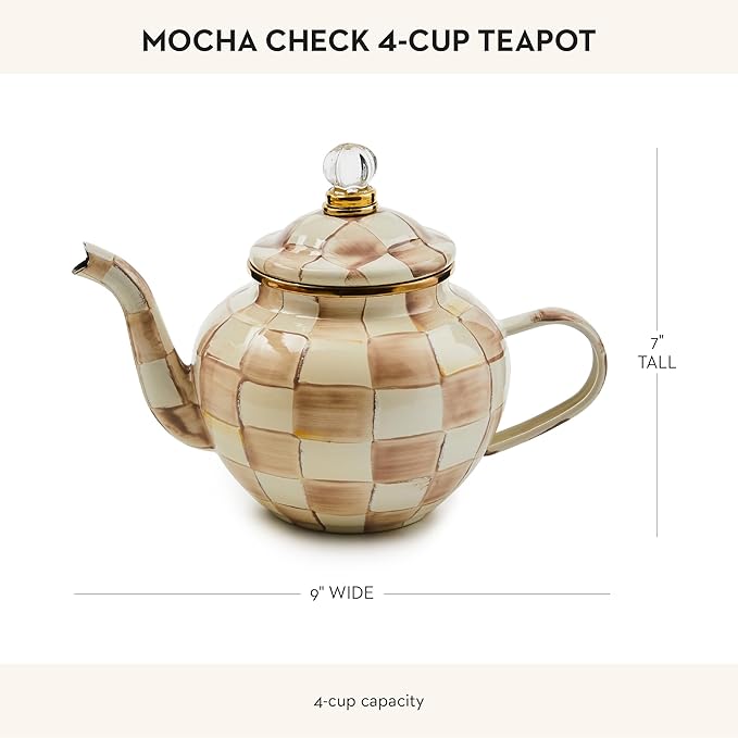 MACKENZIE-CHILDS Enamel Teapot, Cute Small Teapot with Lid, 4-Cup Capacity, Brown-and-White Mocha Check - Bloomnest