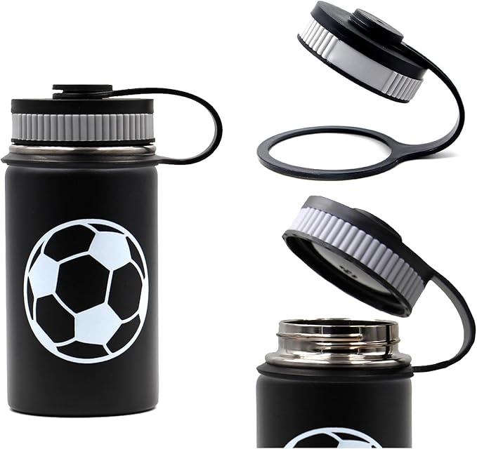 12 oz Soccer Water Bottle with Straw, Sports Flask Metal Travel Tumbler with 2 Lids, BPA Free Stainless Steel Double Wall Vacuum Insulated Leak Proof Thermo Water Bottles, Soccer Gifts for Boys Girls - Bloomnest