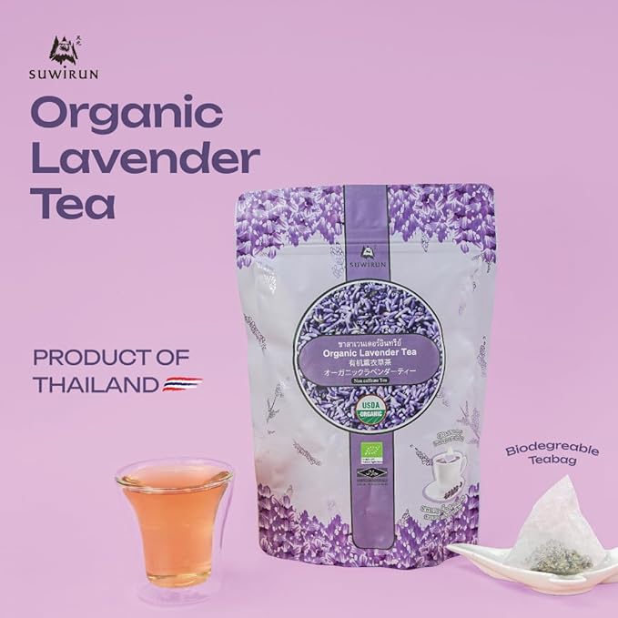 Suwirun Organic Lavender Tea 25 Bags – 100% Lavender Flowers – Aromatic & Calming, Caffeine-Free – Supports Stress Relief, Relaxation & Better Sleep - Bloomnest