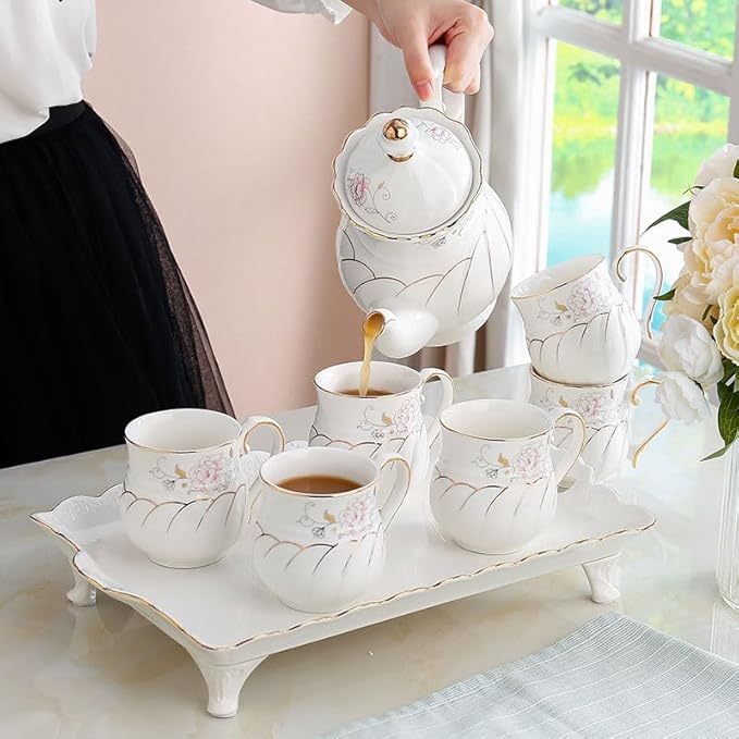14-Pieces Porcelain Teapot Set Ceramic Coffee Cup Teacup with Gold Spoon Tea Party Tray Holder Gift Sets - Bloomnest