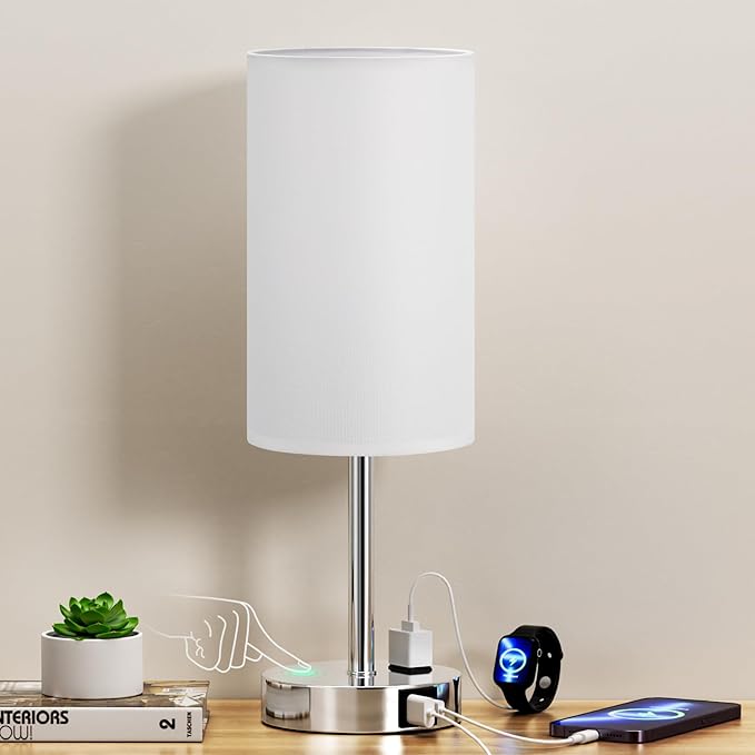 17.4Inch Bedside Touch Table Lamps for Bedroom - Tall Nightstand Lamp with USB-C USB-A Charging Ports White - 3 Way Dimmable Small Desk Lamp for Office, Dorm Room, Living Room, Reading - Bloomnest