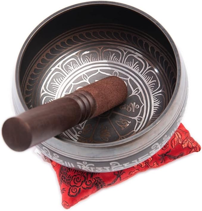 Tibetan Singing Bowl Set Authentic – Handmade in Nepal Sound & Meditation Bowl – Spiritual Decor for Yoga, Wellness Spaces & Relaxation by Himalayan Bazaar (Brown & Red)
