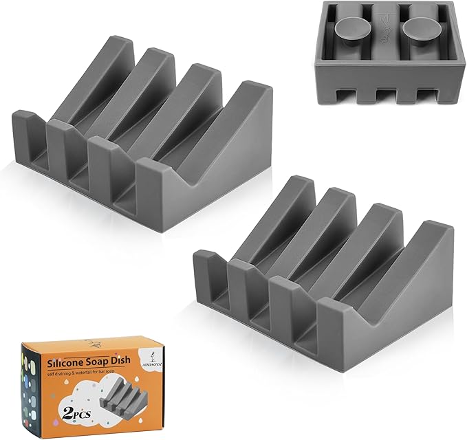 Silicone Soap Dish with Drain, Upgrade Double Suction Cups at The Bottom for Anti-Slip and Stability, Soap Dish Shower Waterfall Bar Soap Holder Tray with Drain Soap Holder (2, Grey) - Bloomnest