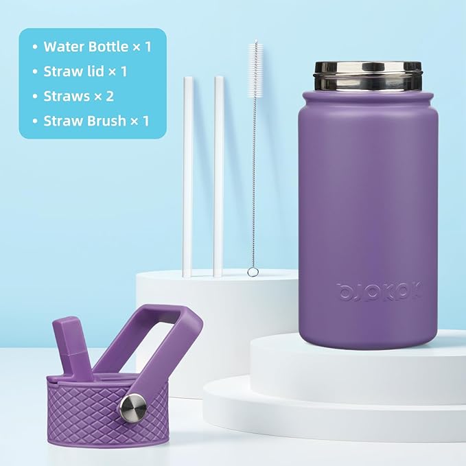 BJPKPK Insulated Water Bottle with Straw Lid, 15oz Cute Water Bottles, Stainless Steel Metal Thermo, Reusable BPA Free Leak Proof Tumblers, Cups,Iris - Bloomnest