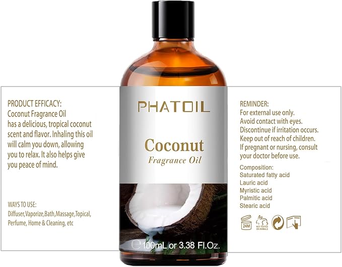 PHATOIL 3.38FL.OZ Coconut Fragrance Oils for Aromatherapy, Essential Oils for Diffusers for Home, Perfect for Diffuser, Yoga, Skin Care, DIY Candle and Soap Making - 100ml - Bloomnest