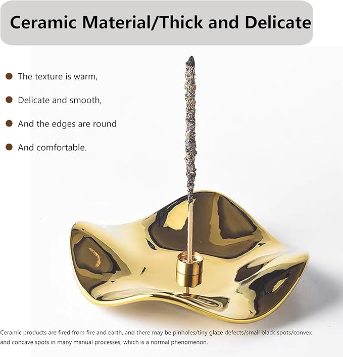 6.7 "Ceramic Incense Burner for Incense/Coil,Wavy Base with Brass -Incense Holder for Sticks,with Ash Catching Bowl for Meditation Yoga and Home Decoration (Gold)