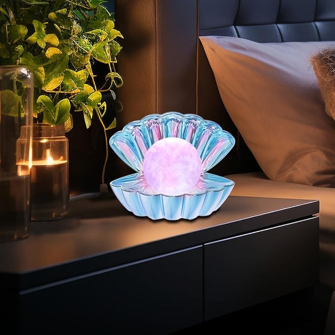 Shell Pearl Beach Themed Night Light, RGB 8 Colors Changing Mood Shell Pearl Lamps, Bedside LED Clamshell Portable Night Lights for Bar (Electroplating Blue) - Bloomnest