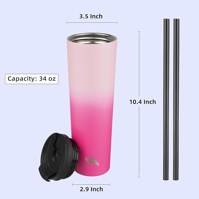 34 OZ Insulated Tumbler with Lid and 2 Straws Stainless Steel Water Bottle Vacuum Travel Mug Coffee Cup,Cherry - Bloomnest