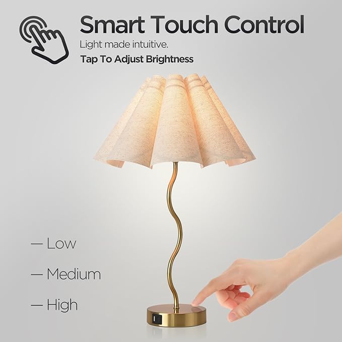 KUNJOULAM Modern Table Lamp, 3 Way Dimmable Touch Lamp USB C Charging Ports, Umbrella Form Fabric Lampshade Desk Lamp for Living Room Bedroom Home Office - Bloomnest