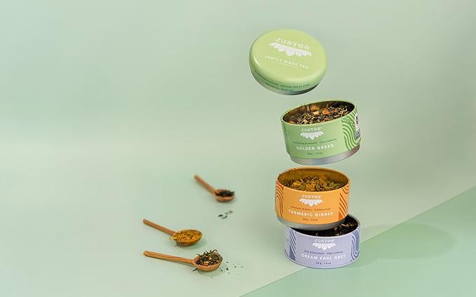 JusTea Assorted Tea Trio | Stacking Tins Variety Pack with Hand Carved Spoon | Loose Leaf Tea | Variable Caffeine | Award-Winning | Fair Trade | Non-GMO - Bloomnest