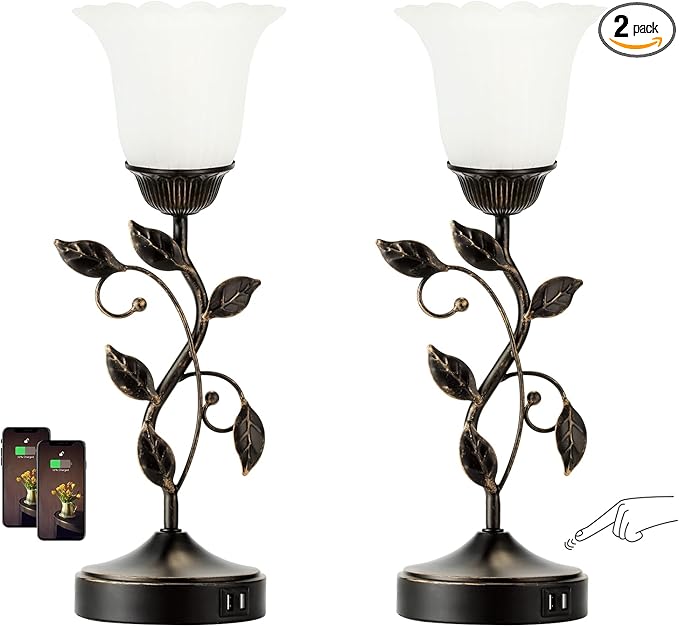 RORIANO Set of 2 Touch Bedside Vintage Lamps with 2 USB Ports, 3-Way Dimmable Flower Lamps, White Glass Shade Rustic Leaf Lamp for Bedroom Side Table, LED Bulb Included - Bloomnest