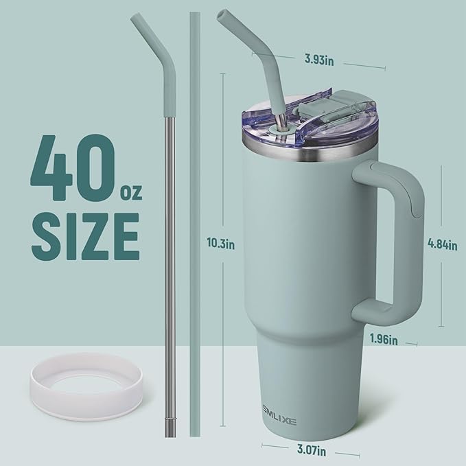 40 oz Tumbler with Handle and Straw Lid,Insulated Reusable Stainless Steel Water Bottle Travel Mug，Cupholder Friendly Double Wall Vacuum Sealed Cup (Shale) - Bloomnest