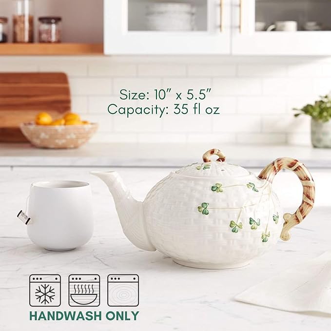 Belleek Classic Shamrock Fine Parian China Tea Pot - 35 oz Irish Handmade Loose Leaf Teapot - Microwave Safe Ceramic Tea Pot - Porcelain Teapot for Tea Service, Decorative Teapots & Coffee Servers - Bloomnest