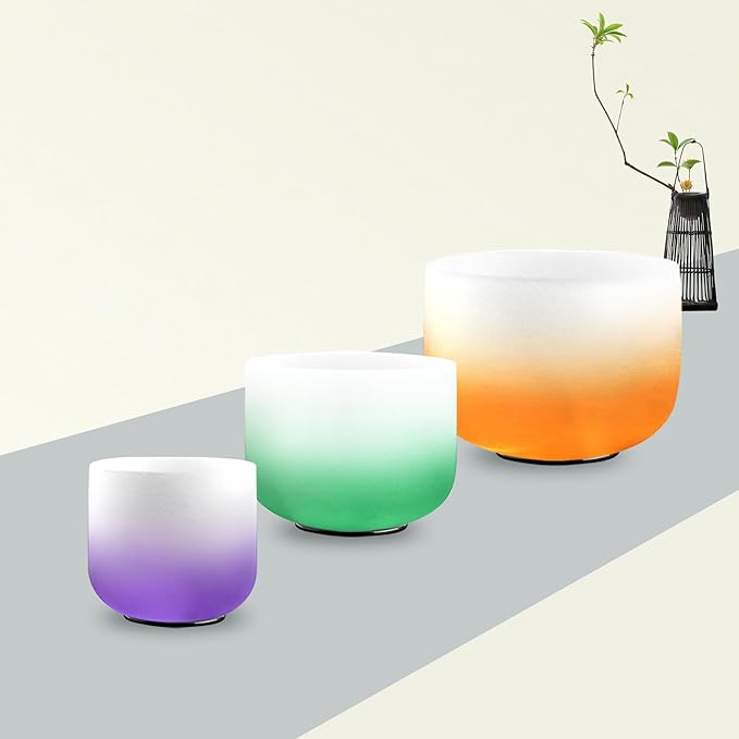 7-11 Inch Set of 3 Gradient Design Quartz Crystal Singing Bowl Chakra Set with Free Carrying Case and Suede Sticker & O-ring - Bloomnest