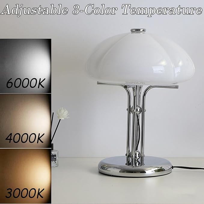 White Mushroom Table Lamp,Dimmable Glass Desk Light with Chrome Base,Bauhaus Office Light Fixture,Mid Century Modern Desk Lamp for Living Room Bedroom and Study Room - Bloomnest