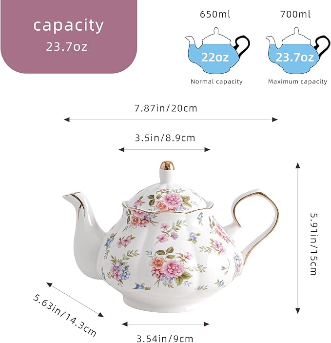 Flower Ceramic Teapot,22oz Porcelain Tea pot for Tea Coffee Milk for Office Home Men Women as Gift(White and small flowers) - Bloomnest