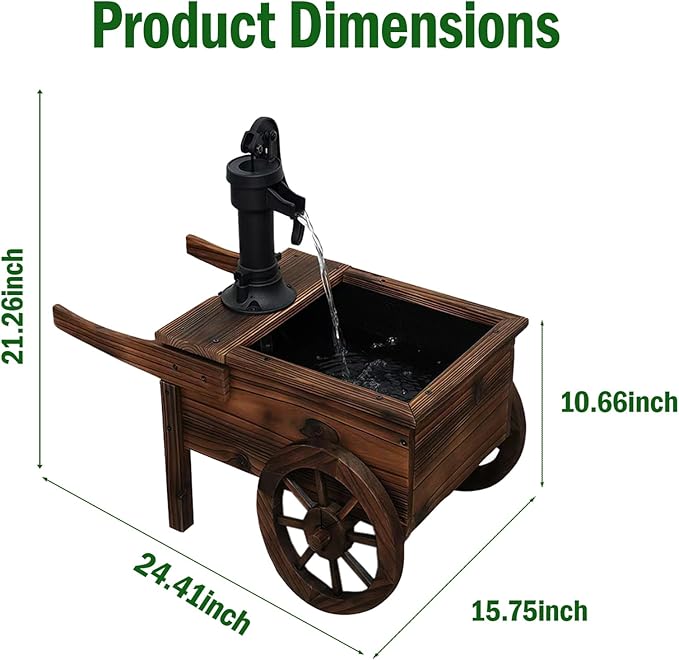 Carbonized Wood Outdoor Freestanding Fountain - Movable Vintage Hand Pump Cart, Plug-in Water Pump Electric Decorative Water Feature for Patio, Garden & Indoor Decoration - Bloomnest