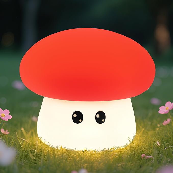 Squishy Big Eyes Mushroom Night Light with RGB Mode 3 Brightness Adjustable Nursery Breastfeeding Nightlight Cute LED Red Mushroom Lamp Rechargeable Silicone Touch Bedside Lamp for Bedroom Dorm Decor - Bloomnest