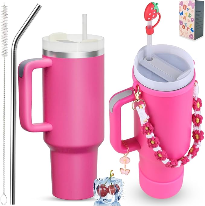 40 oz Tumbler Insulated Mug w/Straw & Flip Cap Lids - Cup Holder Bottle with 6 Accessories Set for Hot, Cold Drink - Leak-Proof - Water, Coffee Portable Travel Mug (Barbie) - Bloomnest