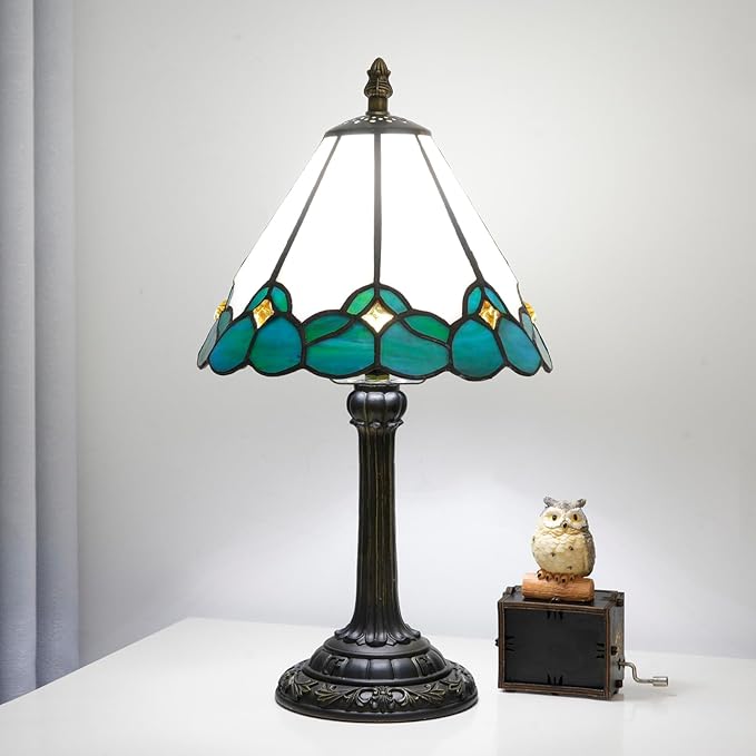 White Tiffany Lamp Small Bedside Dector Light Vintage Stained Glass Table Lamp Living Room Night Lamp Farmhouse Cute Blue Green Butterfly Wings Style Bedroom Nightstand Desk Lamps 8 Inch Mini Gift - Bloomnest