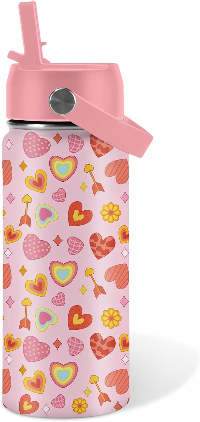 Heart Gifts for Kids - 16 Oz Kids Water Bottle with Straw Lid, Stainless Steel Insulated Tumbler, Leak Proof, BPA-Free, for Girls, School, Travel - Heart Pattern Children Birthday Gifts Cups(1pc) - Bloomnest