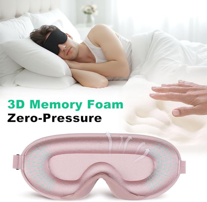 3D Sleep Mask for Side Sleepers, Blackout & Zero Pressure - Breathable Memory Foam, Adjustable Strap - for Travel, Yoga & Meditation Pink - Bloomnest