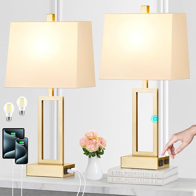 23.5" Touch Control Table Lamps, Metal Bedside Lamp for Bedroom Set of 2 with USB A+C Ports & AC Outlet, 3-Way Dimmable Nightstand Lamp for Living Room (LED Bulb Included) - Bloomnest