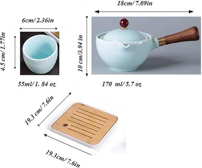 Ceramic Portable Travel Tea Set, Chinese Kungfu Tea Set with 360 Rotation Teapot and Infuser, 4 Tea Cups, Tea Tray And Travel Bag (Celadon Glaze)