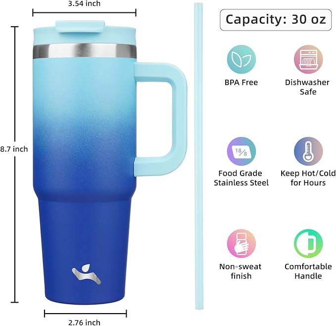 30 oz Tumbler with Handle and 2 Straws,2 in 1 Lid Insulated Water Bottle Stainless Steel Travel Coffee Mug,Sky - Bloomnest