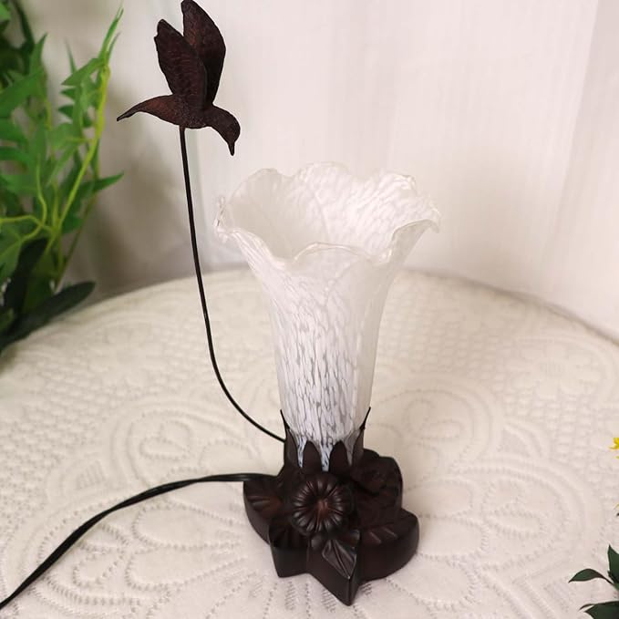 Bieye LL10 Hummingbird Flying Over Lily Flower Blown Glass Table Lamp for Home Decor (White, 4.25Wx12H)