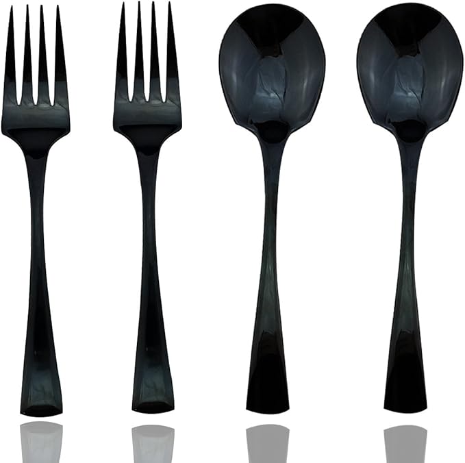 JASHII 18/10 Stainless Steel Mirror Polished Black 2 Pcs Spoon & 2 Pcs Fork Black Server Utensil Set - Bloomnest