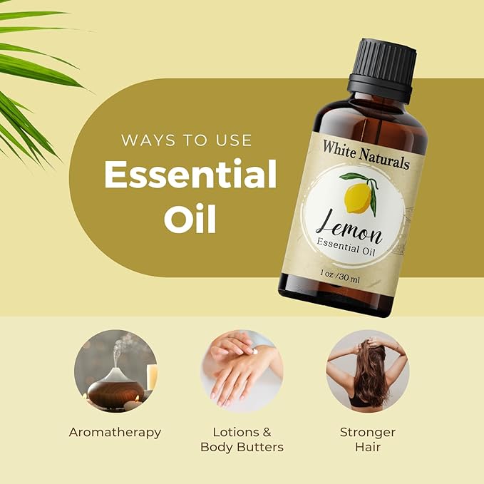 Organic Lemon Essential Oil by White Naturals, 100% Natural and Pure, Therapeutic Grade for Aromatherapy, Massage, Household Cleaning, Hair Care, Skincare, DIY Soap Making & Diffuser, Vegan 1 Ounce - Bloomnest